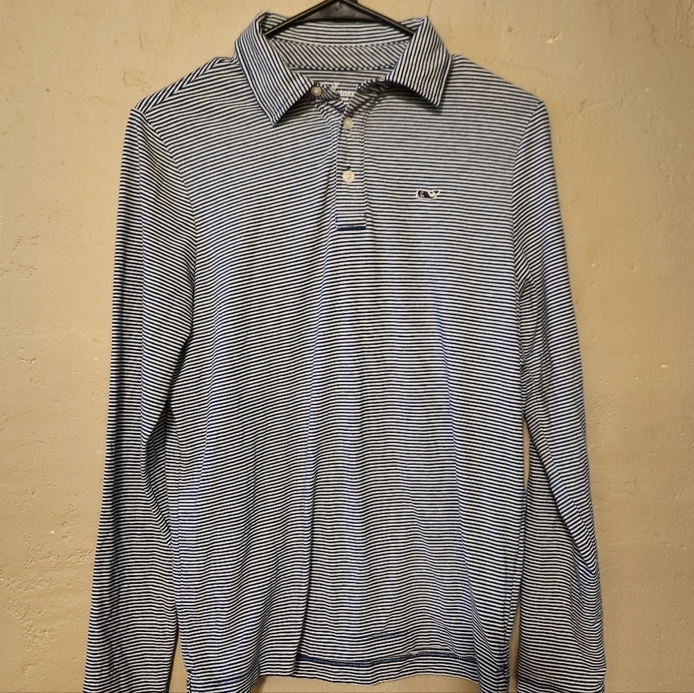 Vineyard Vines Edgartown Polo Stripe Long Sleeve Sz. L Navy Blue And White